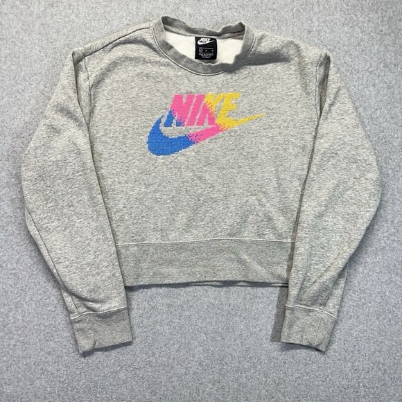 Nike Crop Crewneck Women’s Medium Gray Multicolor Embroidered Swoosh BV2800-063 - Picture 1 of 9